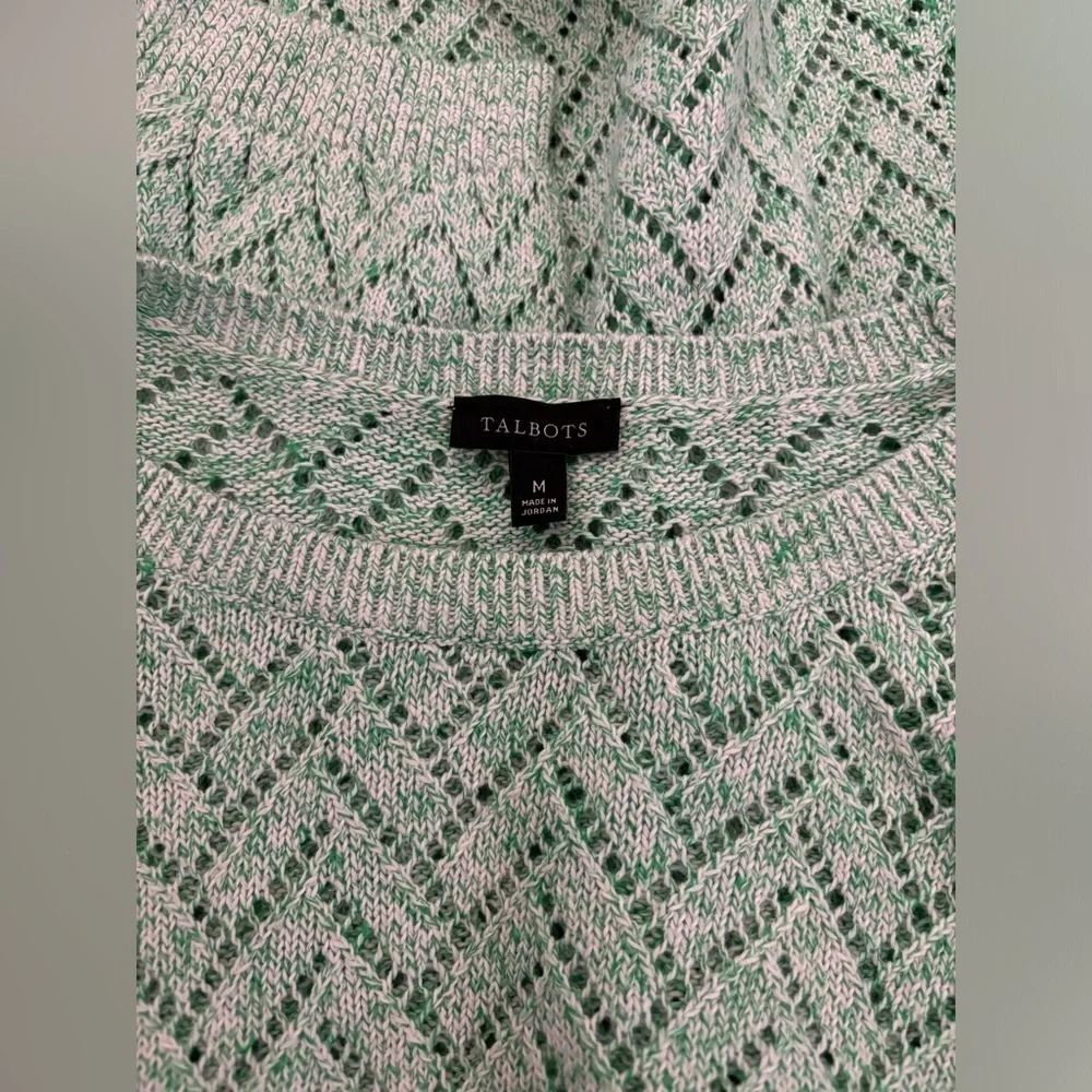 Talbots Linen Blend Pointelle Crewneck Sweater in Marled Green and White M